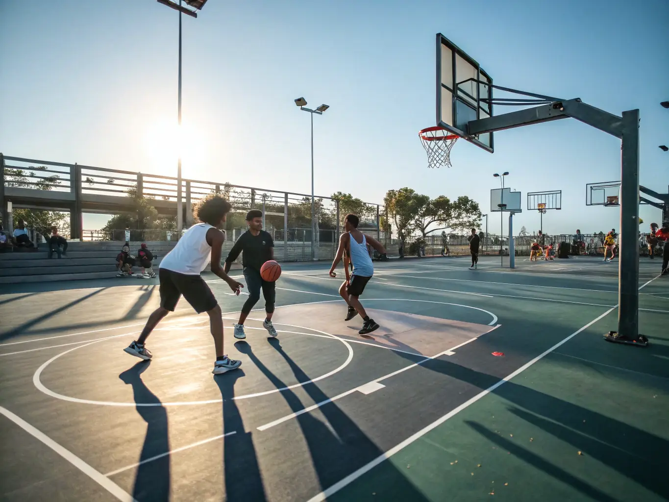 A dynamic image capturing adults playing a recreational basketball game, showcasing teamwork and camaraderie in a friendly environment at OULLINS SAINTE FOY BASKET.