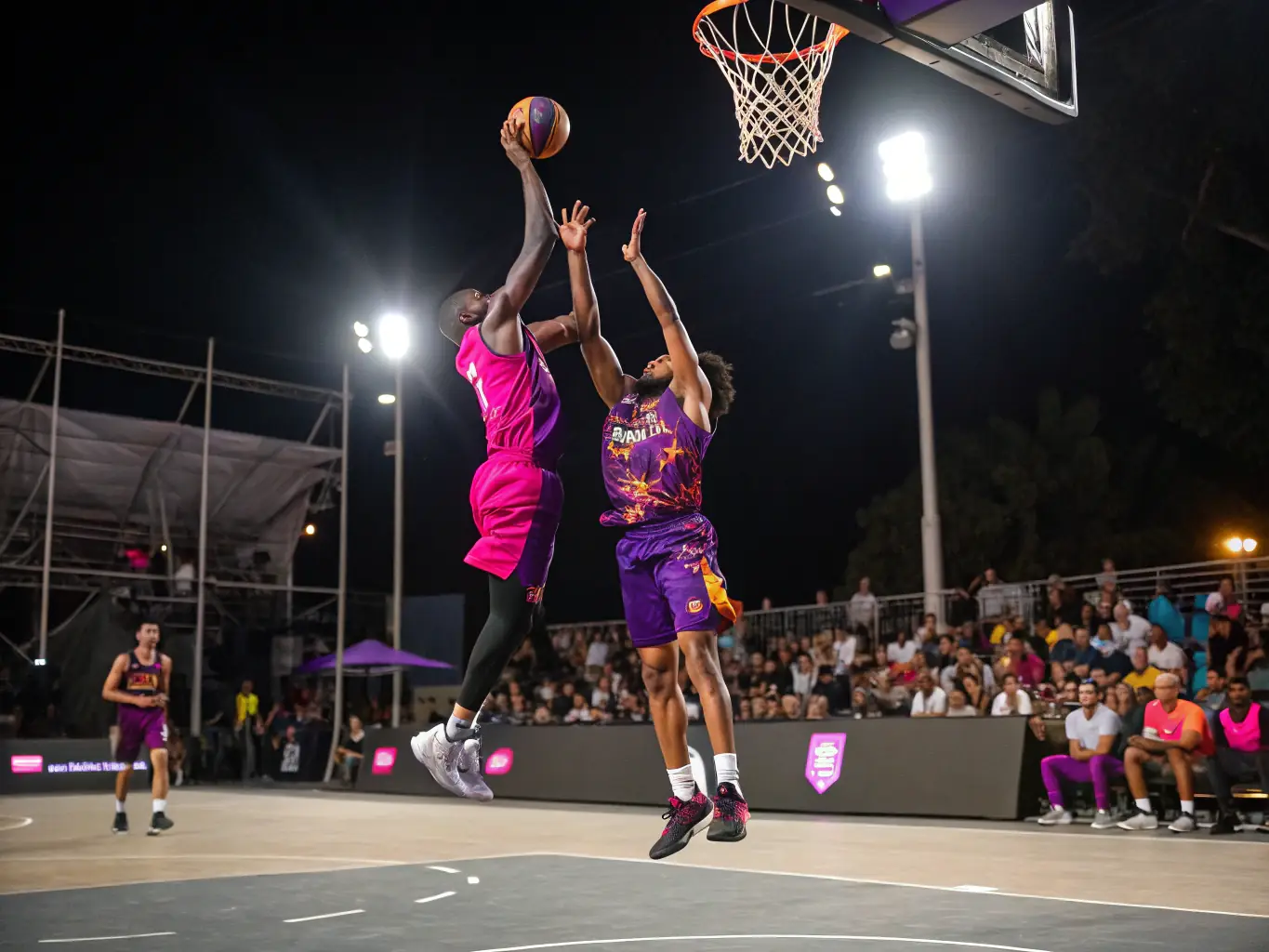 An action-packed image of young athletes competing in a basketball tournament, highlighting their competitive spirit and skills at OULLINS SAINTE FOY BASKET.